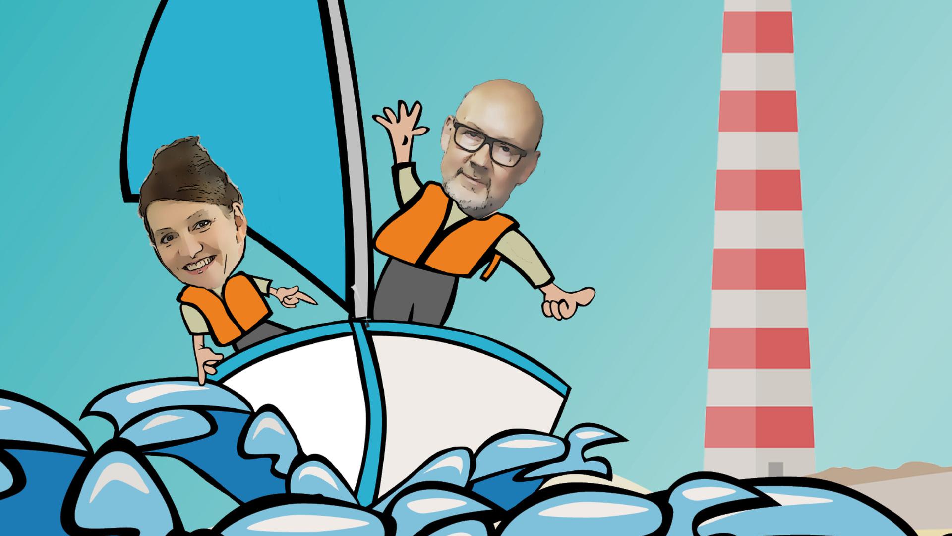 Tecknad bild på en båt och två gubbar med inklippta riktiga ansikten.
