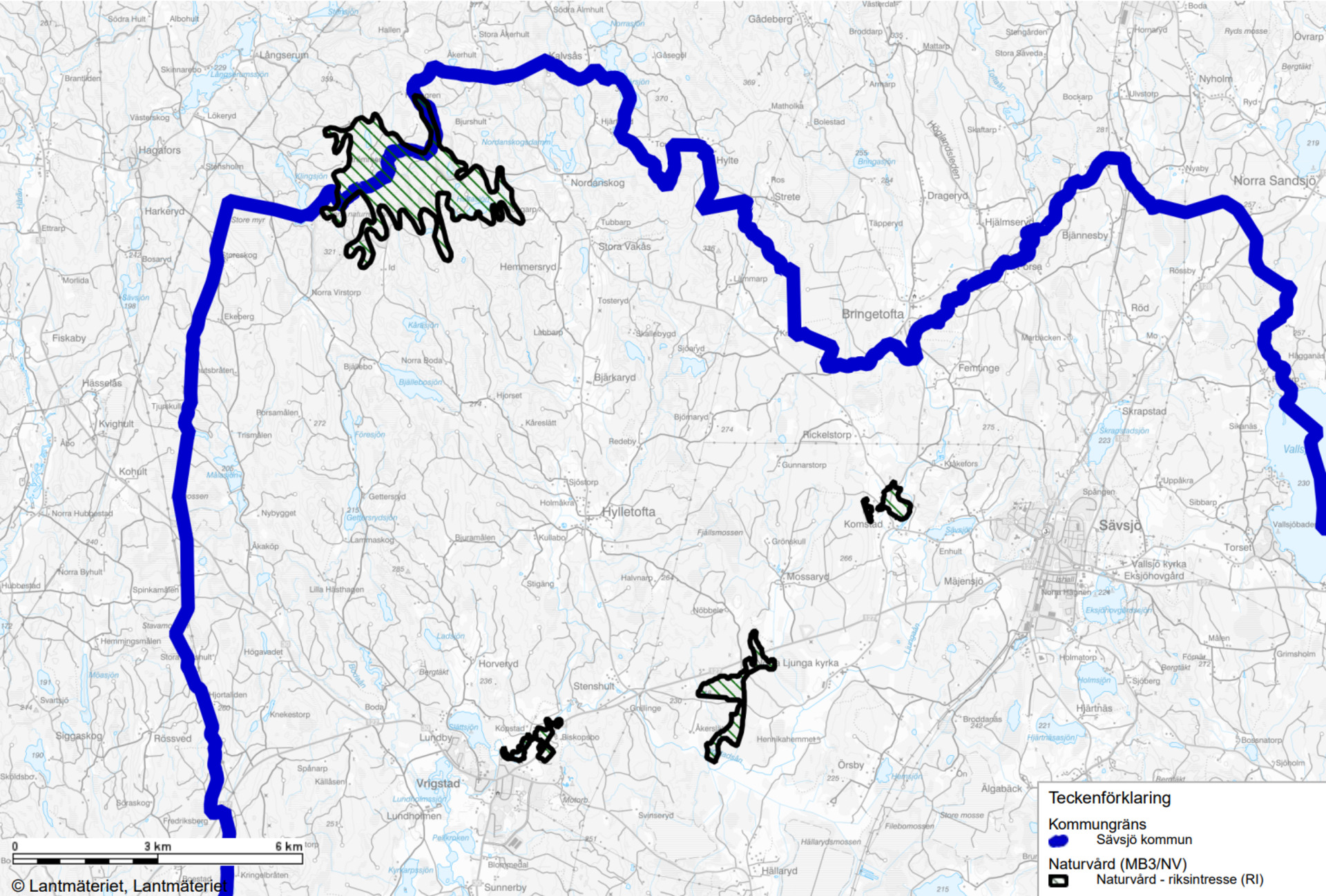 Karta över riksintresseområdena för naturvård i norra delen av kommunen.