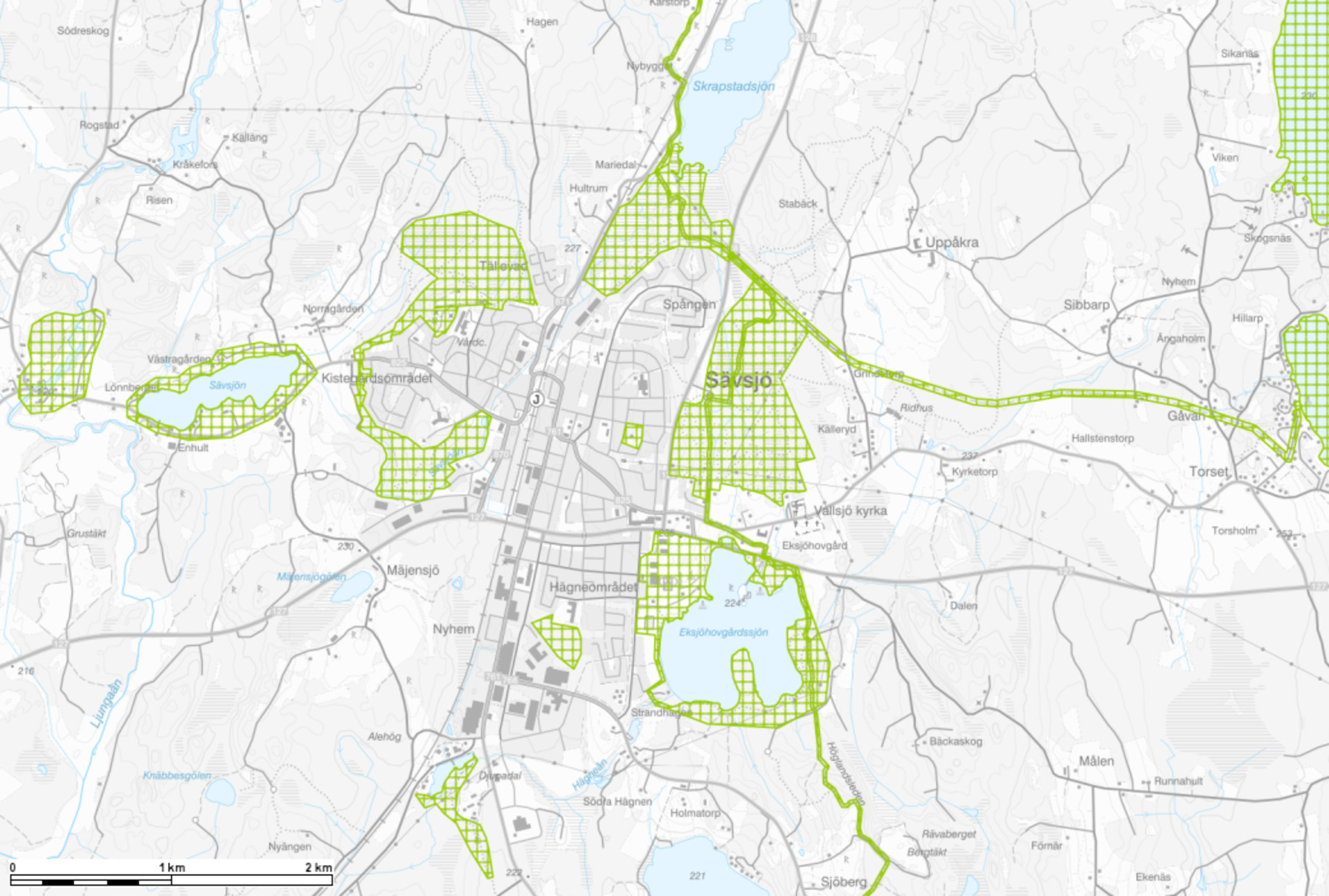 Karta över kommunintressen för friluftslivet i Sävsjö tätort. 